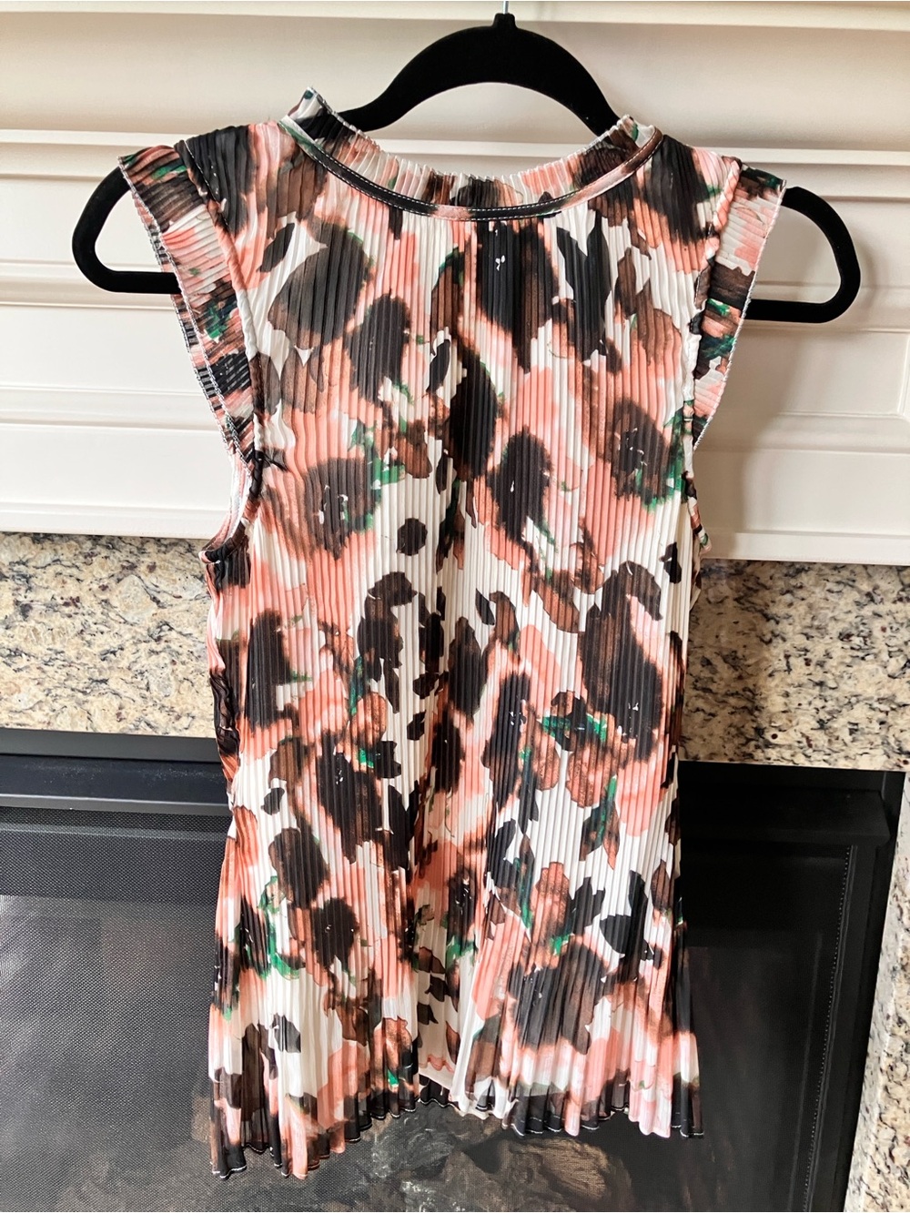 DKNY Pleated Floral Blouse in Peach, Brown & Green